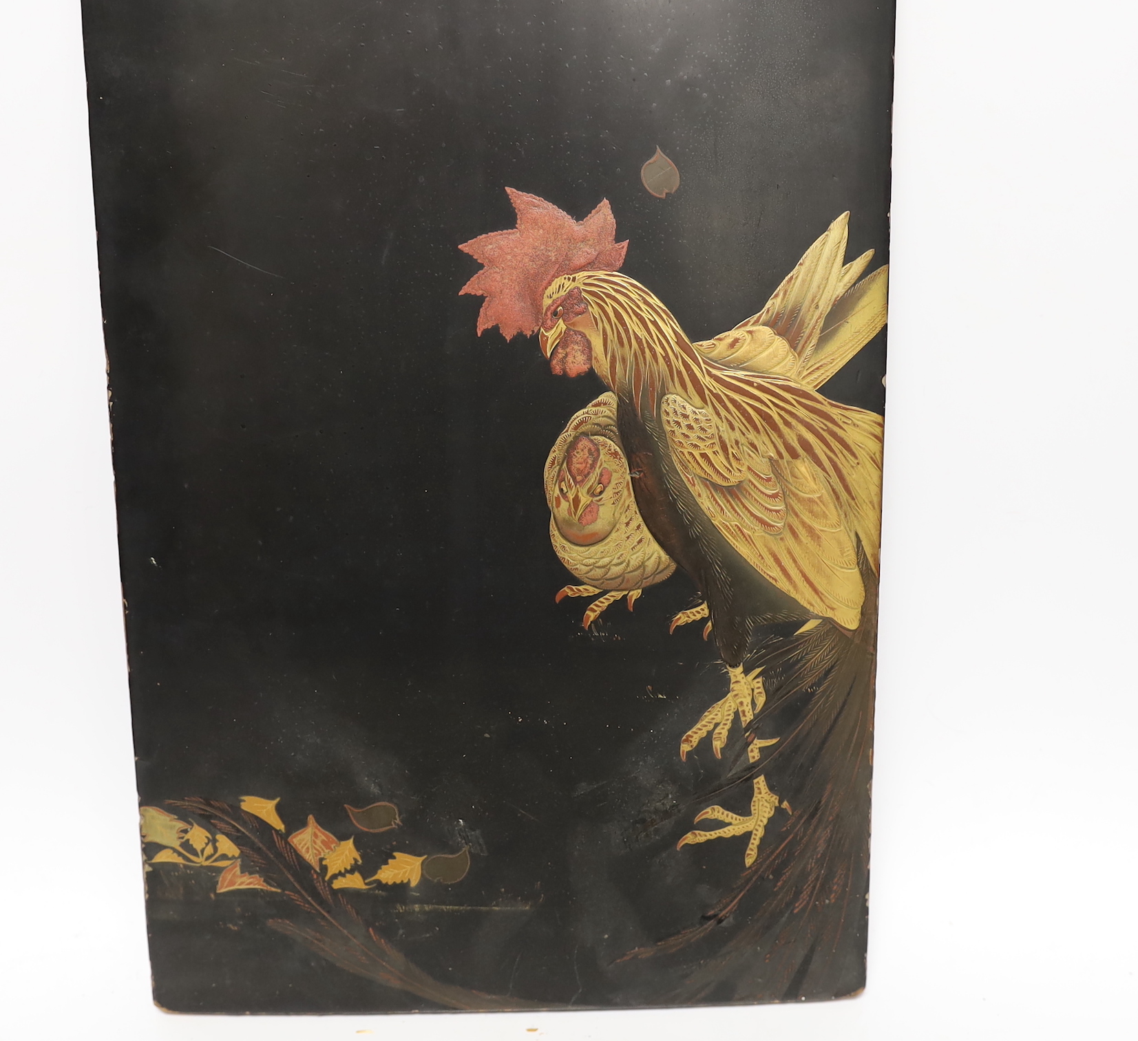 A Japanese lacquer box, small oval tray and a panel, 39.5 x 24.5cm